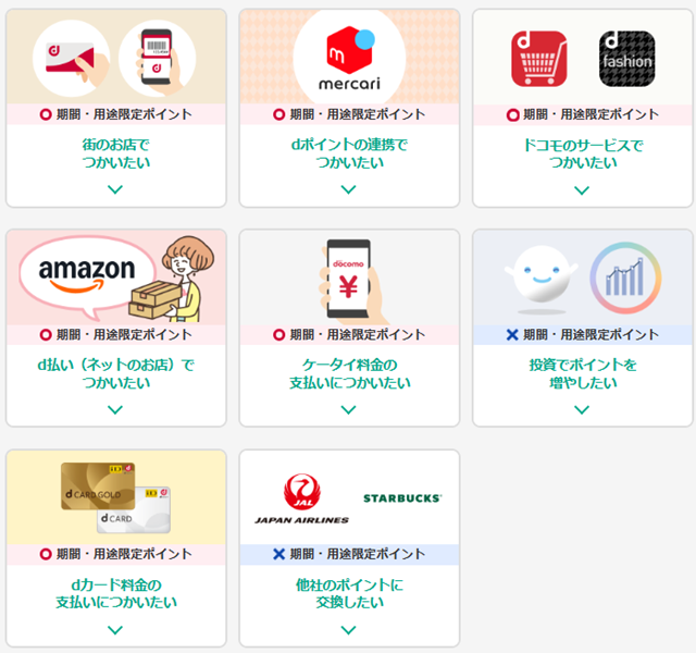 dポイント（期間・用途限定）の利用可否